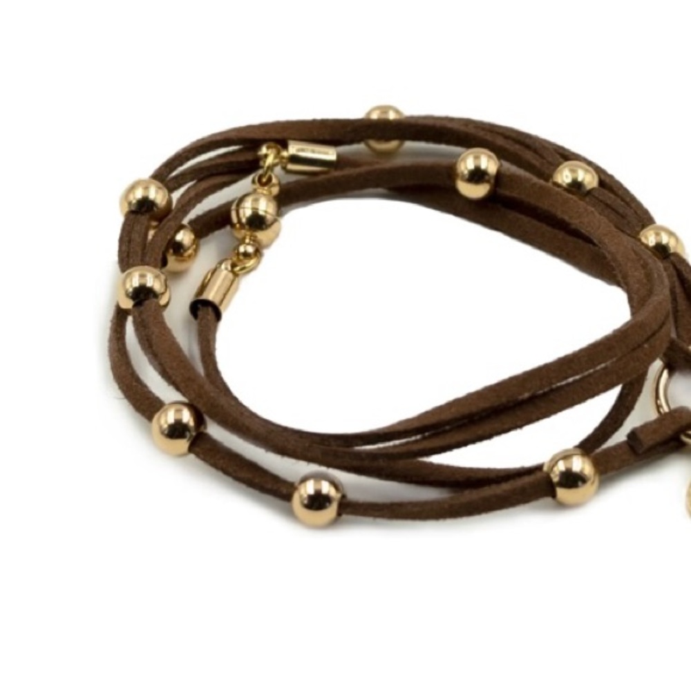 SOLD! Brown Leather Adjustable Wrap Bracelet With Gold Round Square Bead Accents